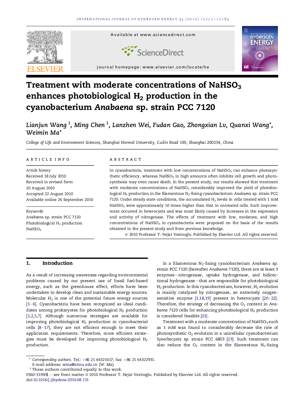 Treatment with moderate concentrations of NaHSO3 enhances photobiological H2 production in the cyanobacterium Anabaena sp. strain PCC 7120