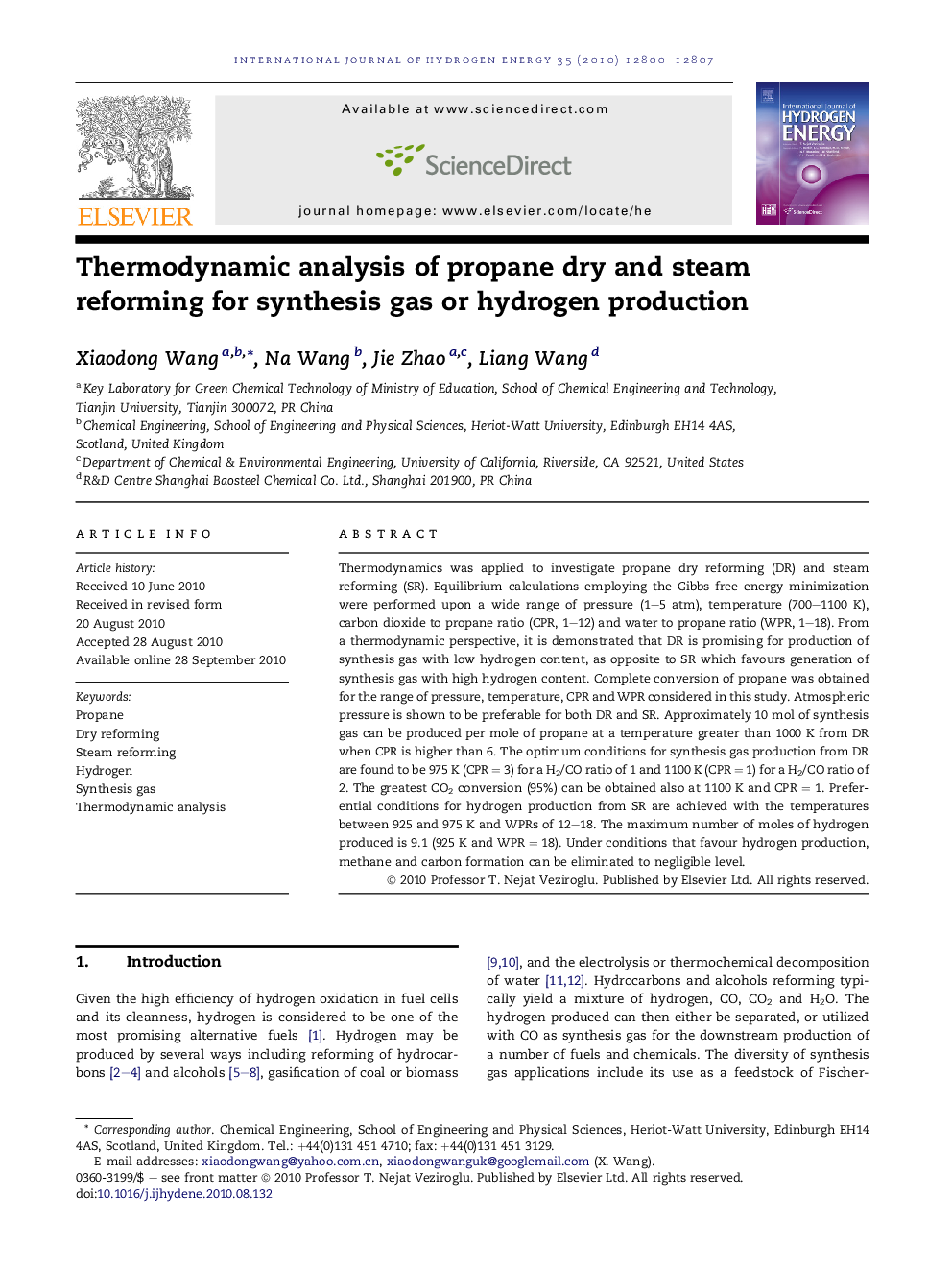 Thermodynamic analysis of propane dry and steam reforming for synthesis gas or hydrogen production