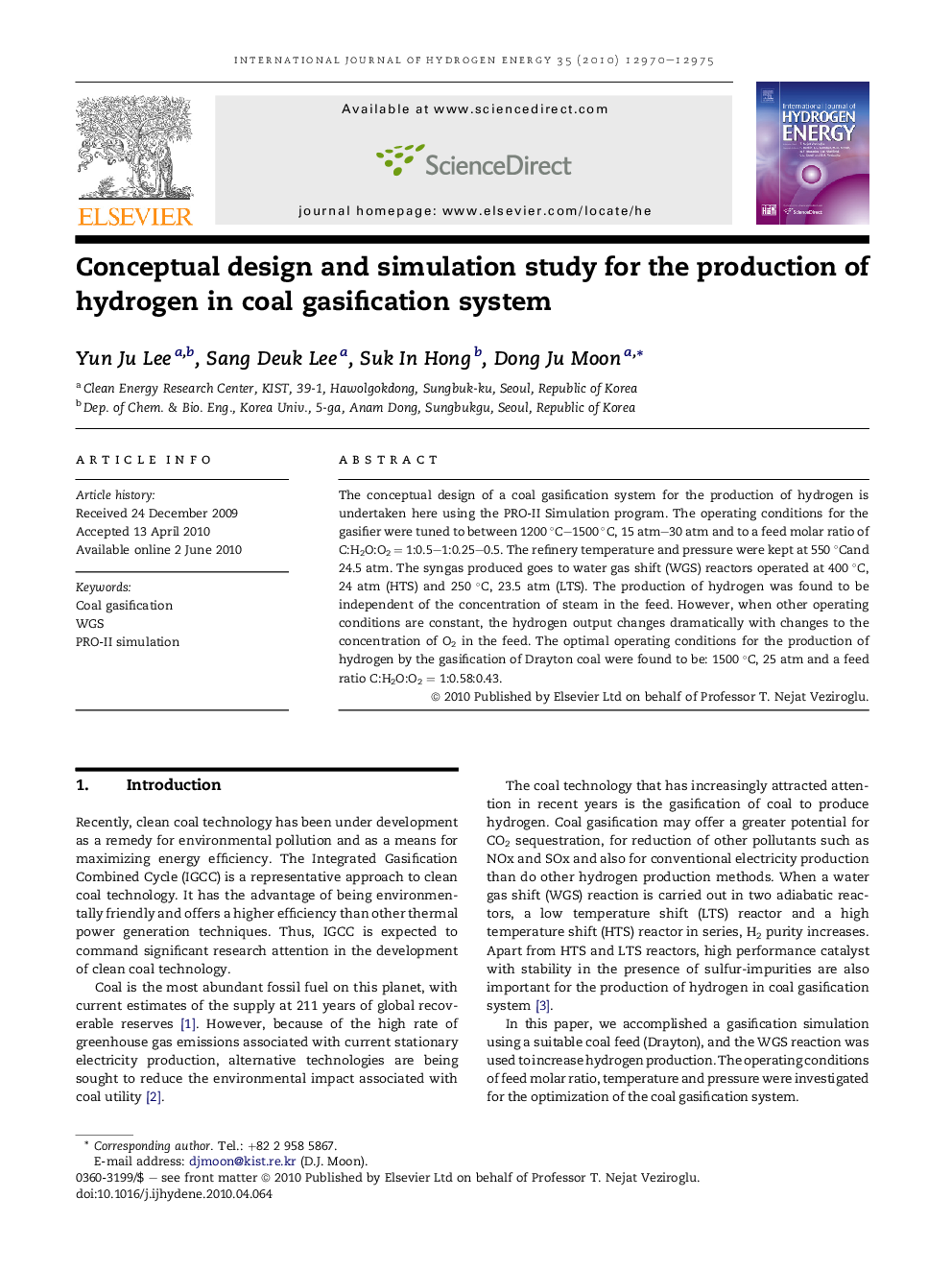 Conceptual design and simulation study for the production of hydrogen in coal gasification system