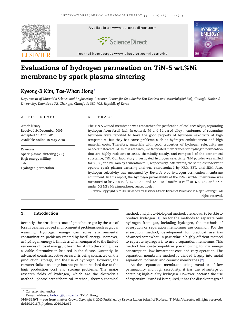 Evaluations of hydrogen permeation on TiN-5 wt.%Ni membrane by spark plasma sintering