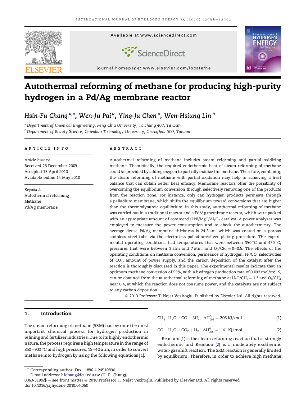 Autothermal reforming of methane for producing high-purity hydrogen in a Pd/Ag membrane reactor