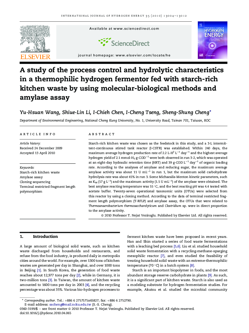 A study of the process control and hydrolytic characteristics in a thermophilic hydrogen fermentor fed with starch-rich kitchen waste by using molecular-biological methods and amylase assay