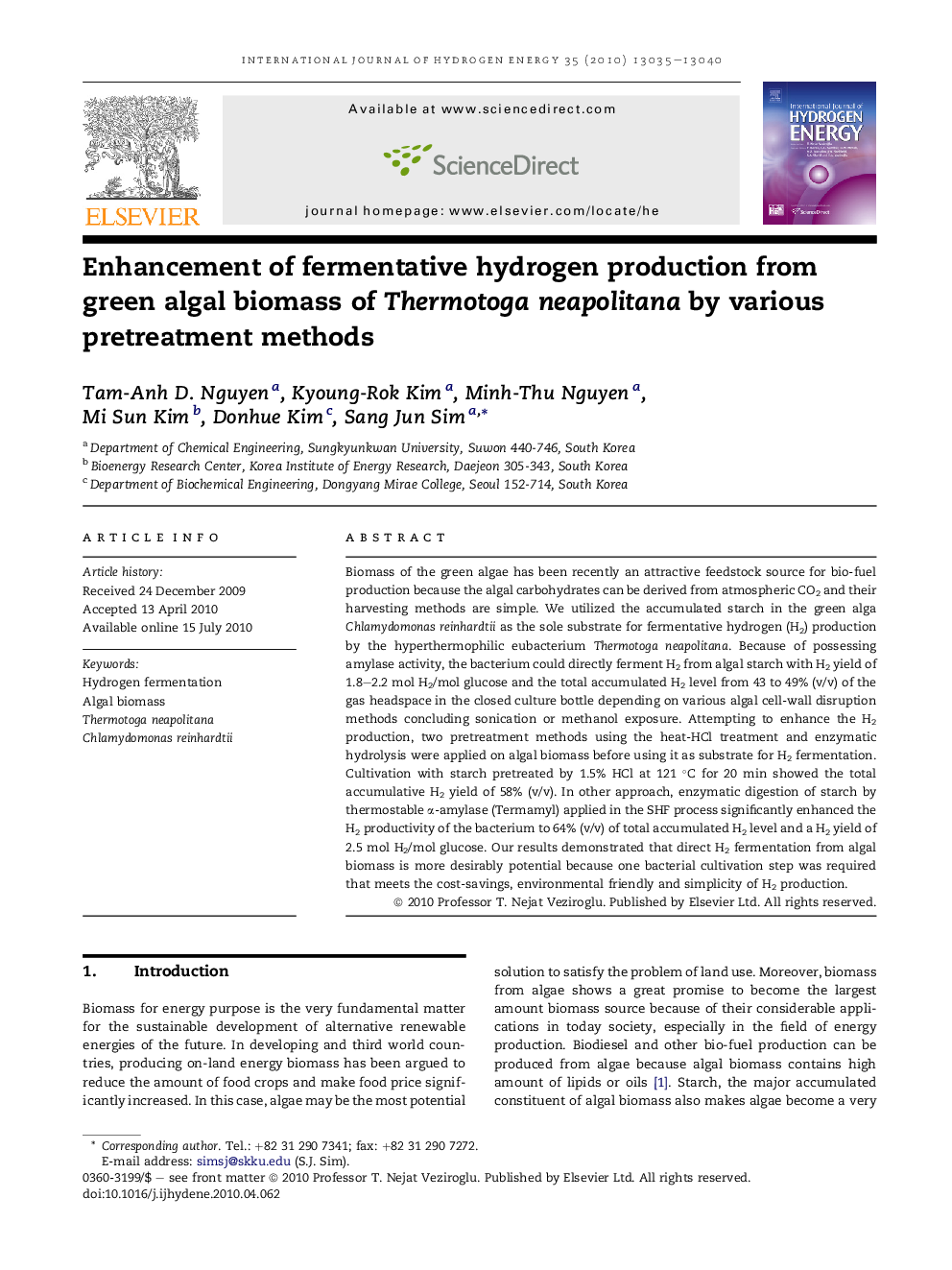 Enhancement of fermentative hydrogen production from green algal biomass of Thermotoga neapolitana by various pretreatment methods