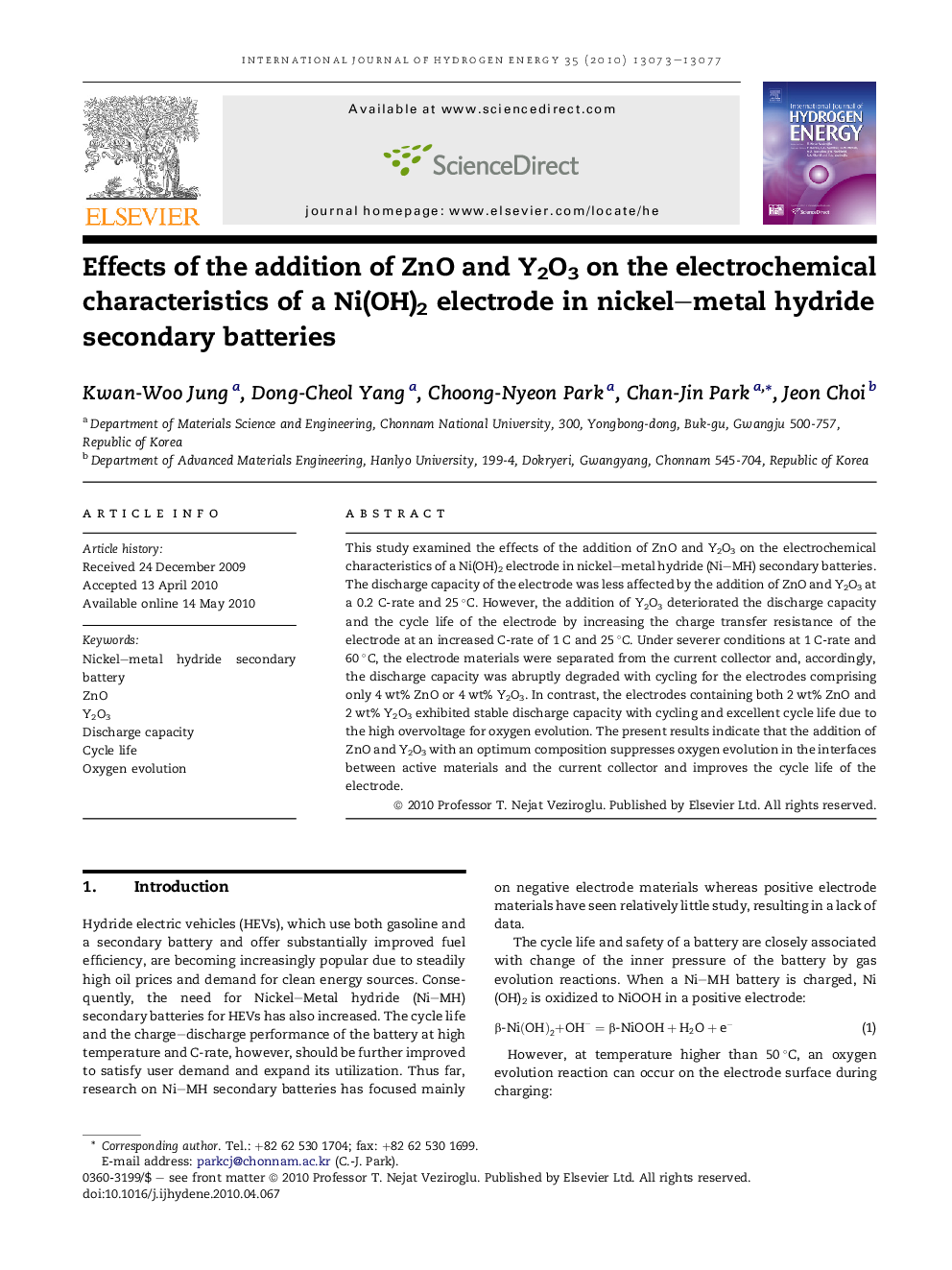 Effects of the addition of ZnO and Y2O3 on the electrochemical characteristics of a Ni(OH)2 electrode in nickel–metal hydride secondary batteries