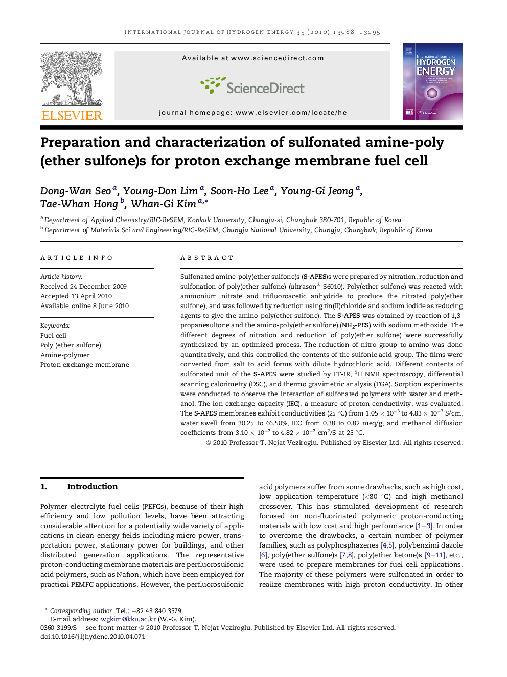 Preparation and characterization of sulfonated amine-poly(ether sulfone)s for proton exchange membrane fuel cell