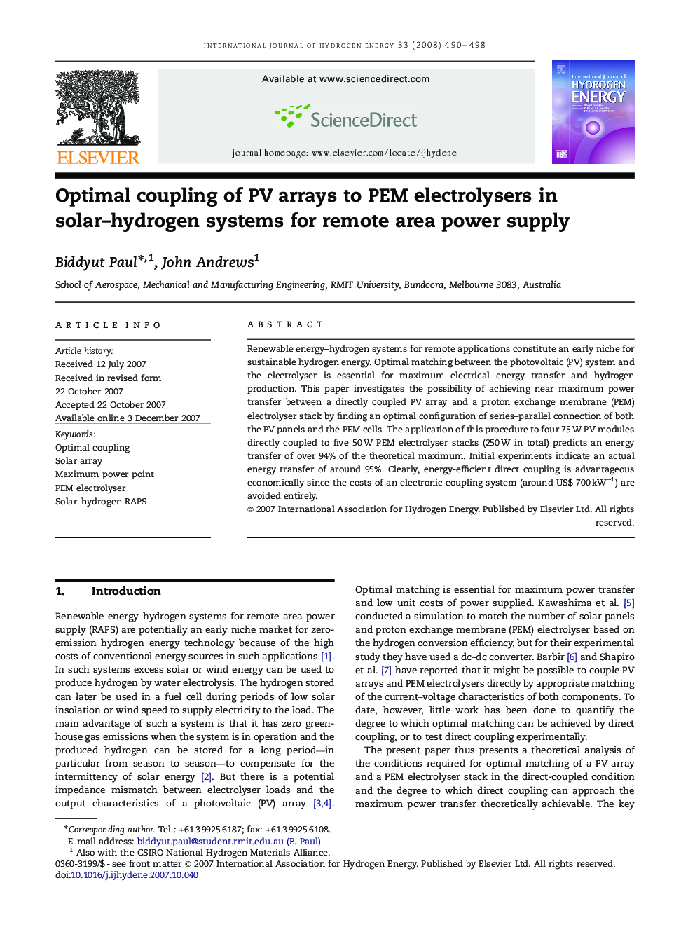 Optimal coupling of PV arrays to PEM electrolysers in solar–hydrogen systems for remote area power supply