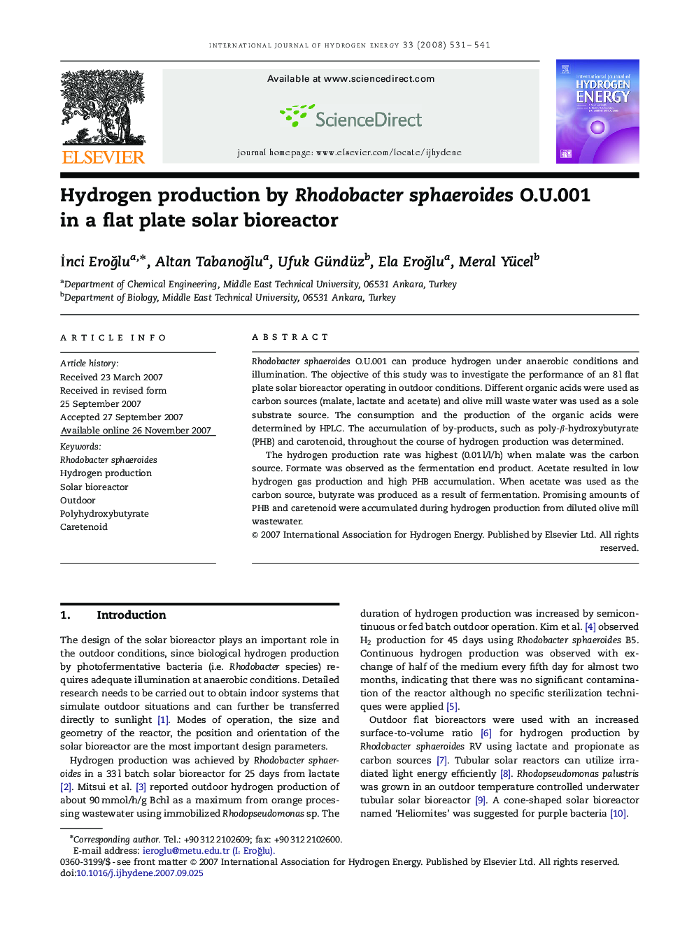 Hydrogen production by Rhodobacter sphaeroides O.U.001 in a flat plate solar bioreactor