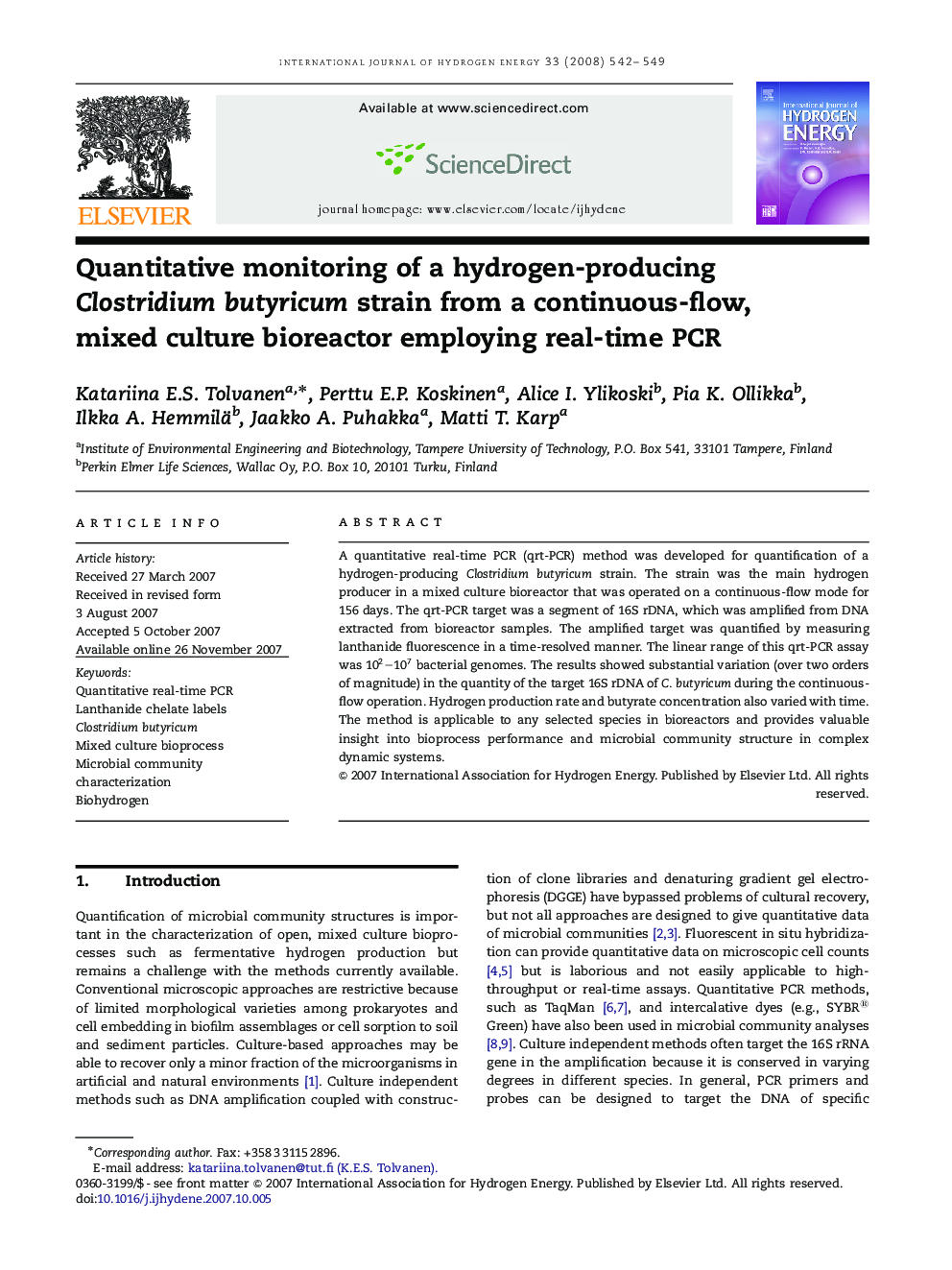 Quantitative monitoring of a hydrogen-producing Clostridium butyricum strain from a continuous-flow, mixed culture bioreactor employing real-time PCR