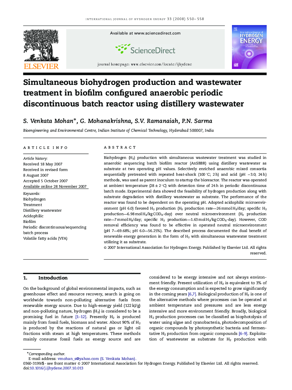 Simultaneous biohydrogen production and wastewater treatment in biofilm configured anaerobic periodic discontinuous batch reactor using distillery wastewater