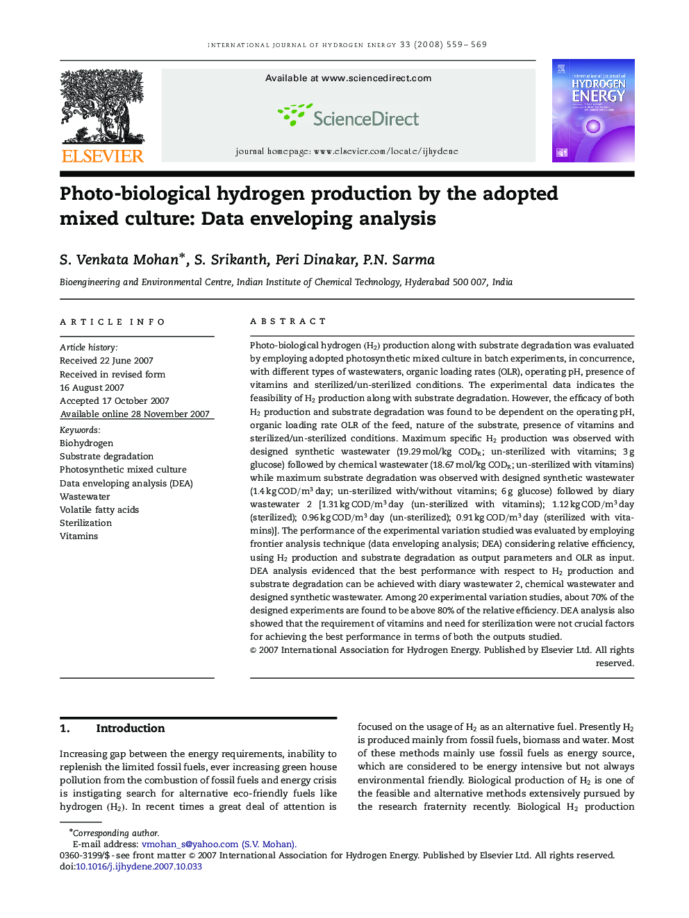 Photo-biological hydrogen production by the adopted mixed culture: Data enveloping analysis