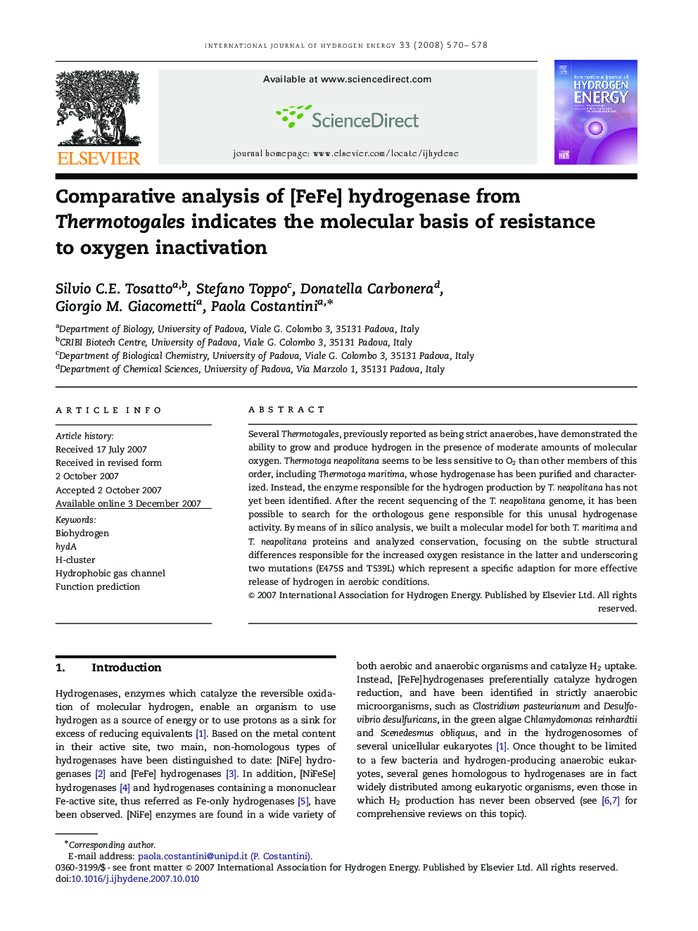 Comparative analysis of [FeFe] hydrogenase from Thermotogales indicates the molecular basis of resistance to oxygen inactivation