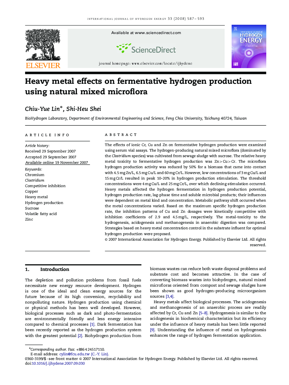 Heavy metal effects on fermentative hydrogen production using natural mixed microflora