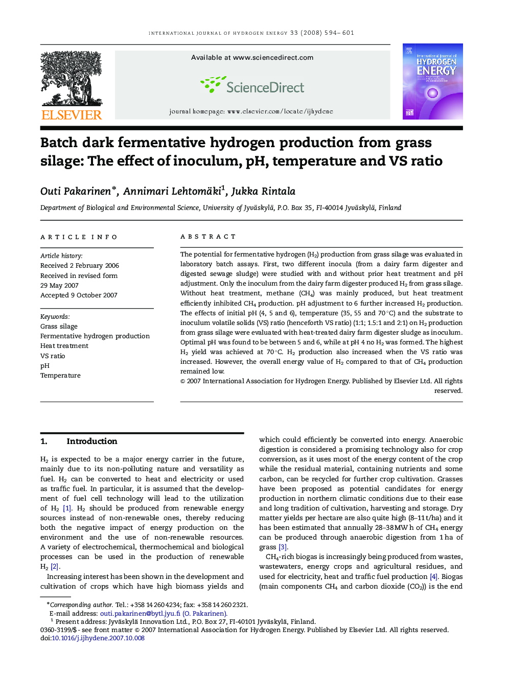 Batch dark fermentative hydrogen production from grass silage: The effect of inoculum, pH, temperature and VS ratio