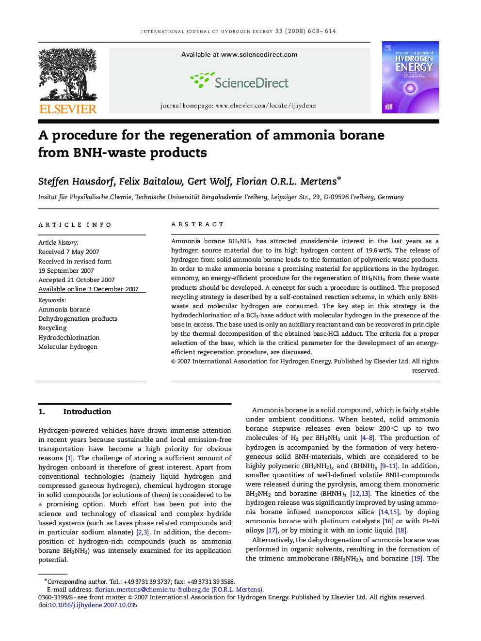 A procedure for the regeneration of ammonia borane from BNH-waste products