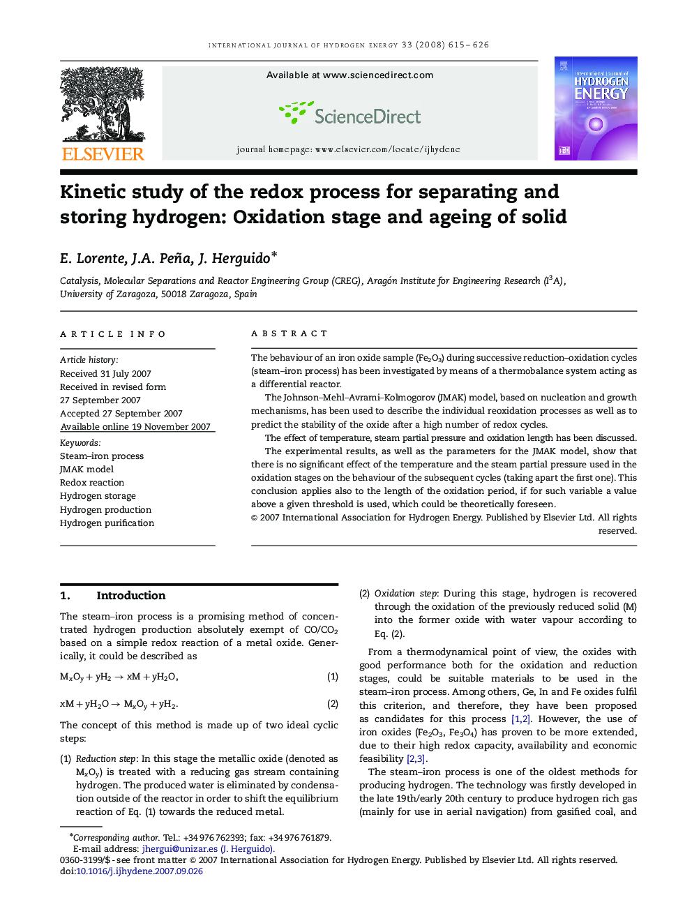 Kinetic study of the redox process for separating and storing hydrogen: Oxidation stage and ageing of solid