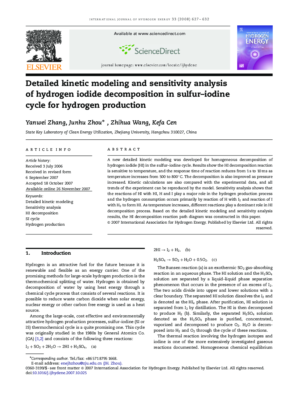 Detailed kinetic modeling and sensitivity analysis of hydrogen iodide decomposition in sulfur–iodine cycle for hydrogen production