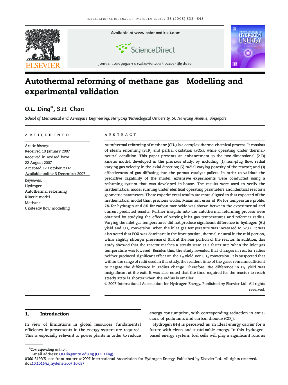 Autothermal reforming of methane gas—Modelling and experimental validation