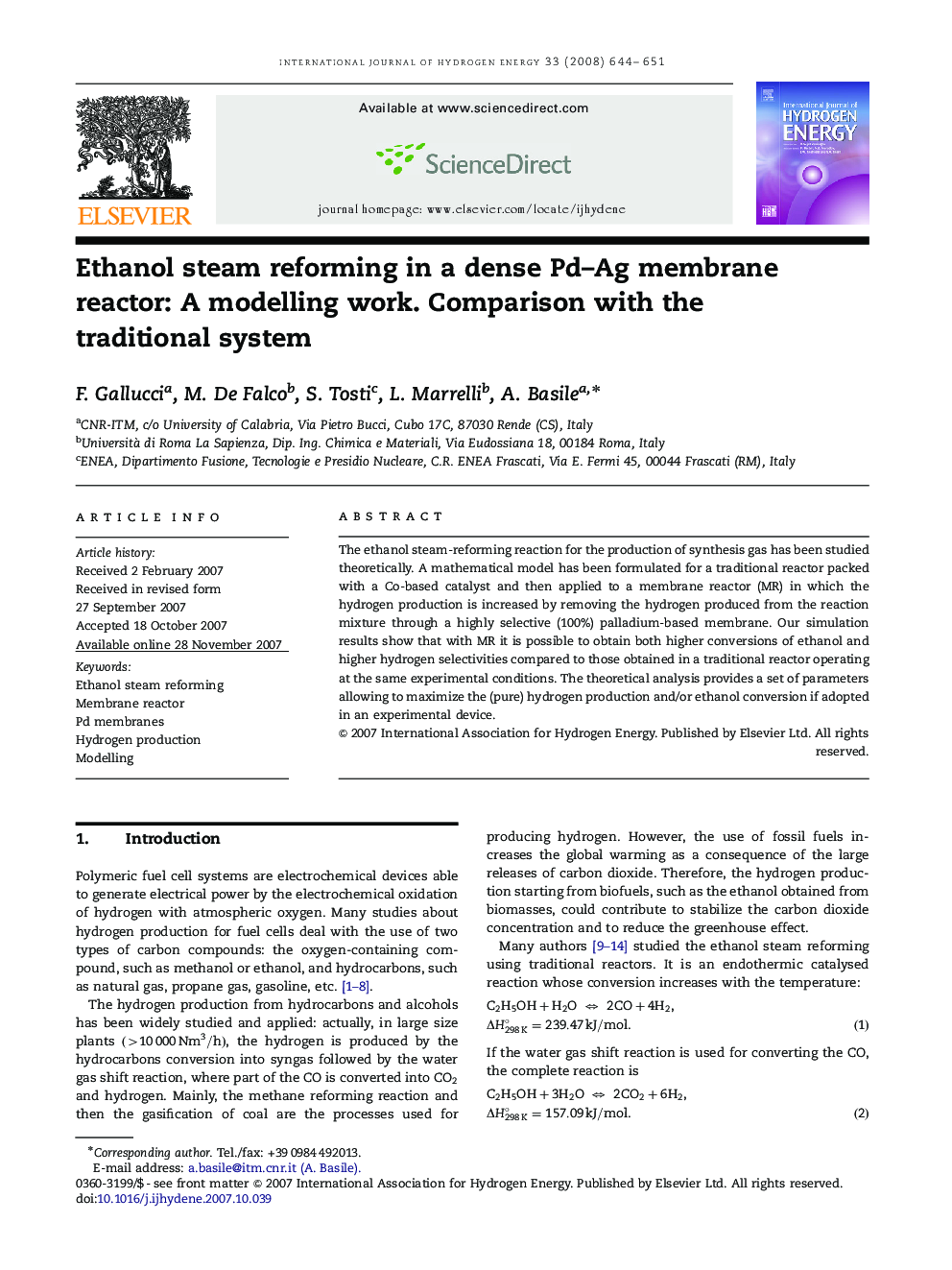 Ethanol steam reforming in a dense Pd–Ag membrane reactor: A modelling work. Comparison with the traditional system