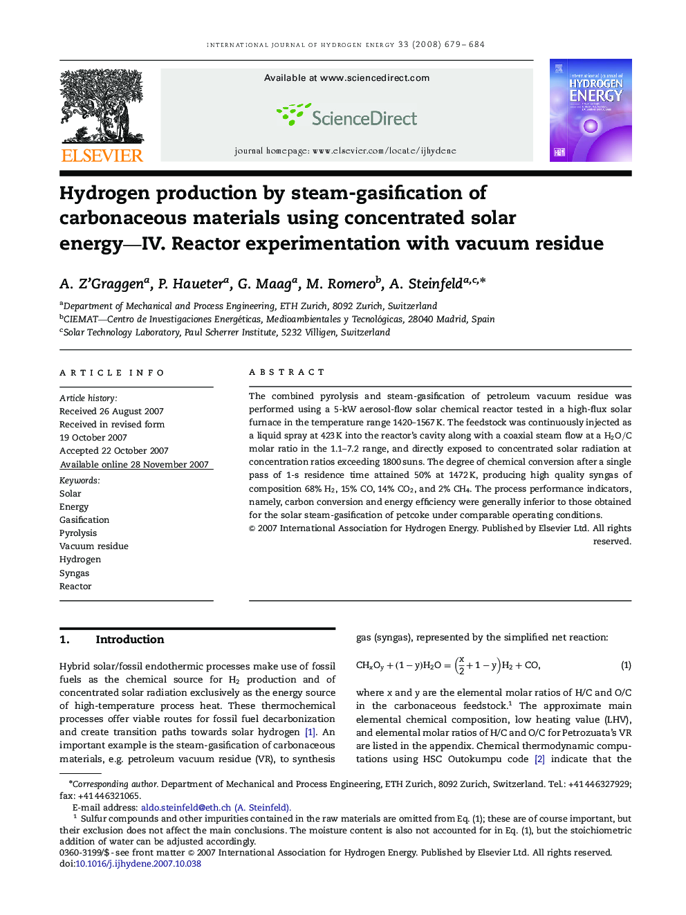 Hydrogen production by steam-gasification of carbonaceous materials using concentrated solar energy—IV. Reactor experimentation with vacuum residue