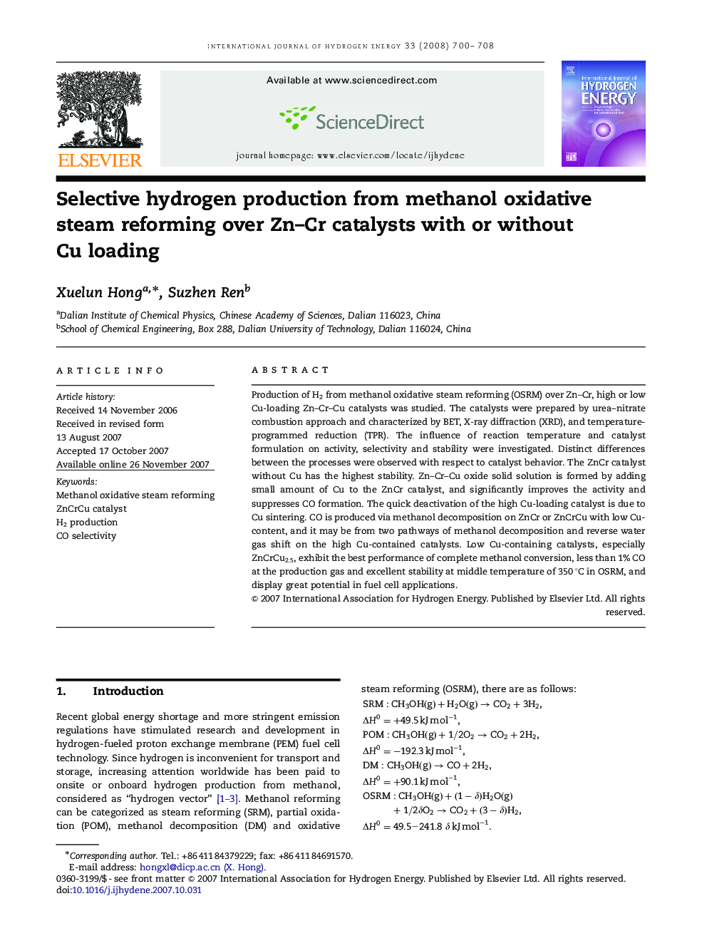 Selective hydrogen production from methanol oxidative steam reforming over Zn–Cr catalysts with or without Cu loading