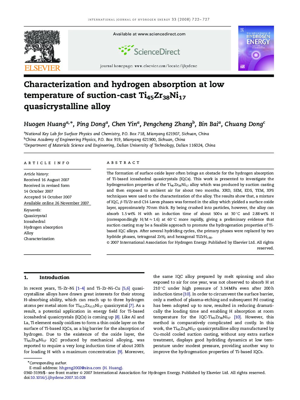 Characterization and hydrogen absorption at low temperature of suction-cast Ti45Zr38Ni17 quasicrystalline alloy