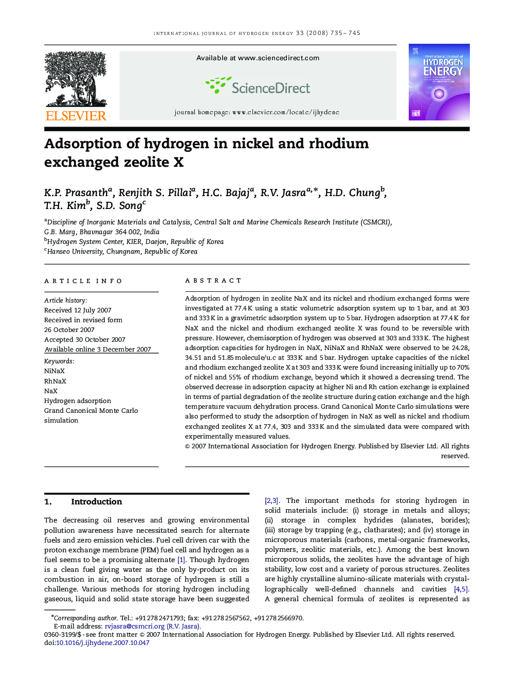 Adsorption of hydrogen in nickel and rhodium exchanged zeolite X