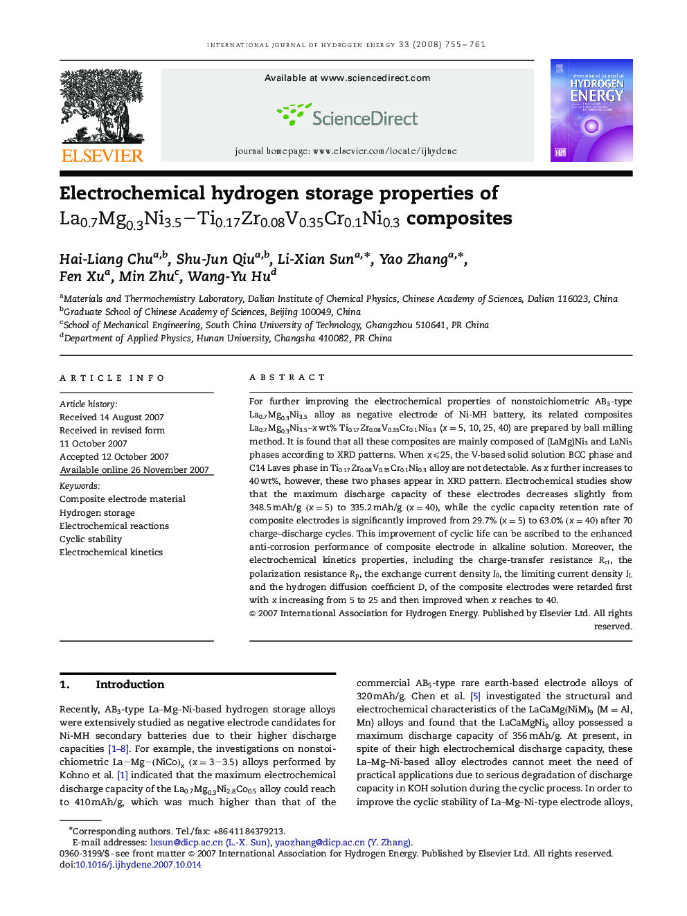 Electrochemical hydrogen storage properties of La0.7Mg0.3Ni3.5–Ti0.17Zr0.08V0.35Cr0.1Ni0.3La0.7Mg0.3Ni3.5–Ti0.17Zr0.08V0.35Cr0.1Ni0.3 composites