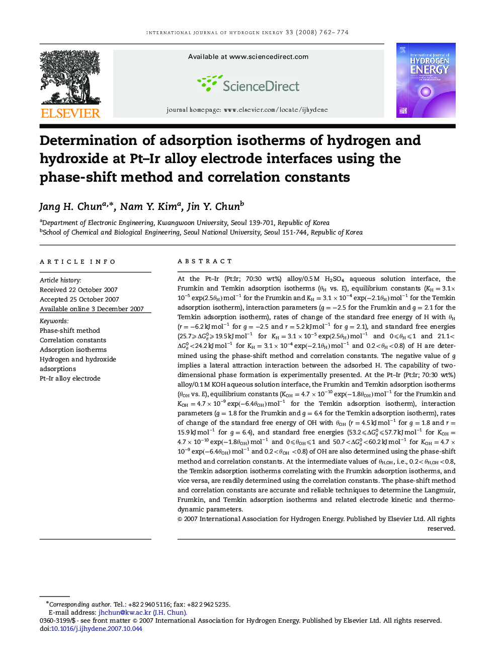 Determination of adsorption isotherms of hydrogen and hydroxide at Pt–Ir alloy electrode interfaces using the phase-shift method and correlation constants