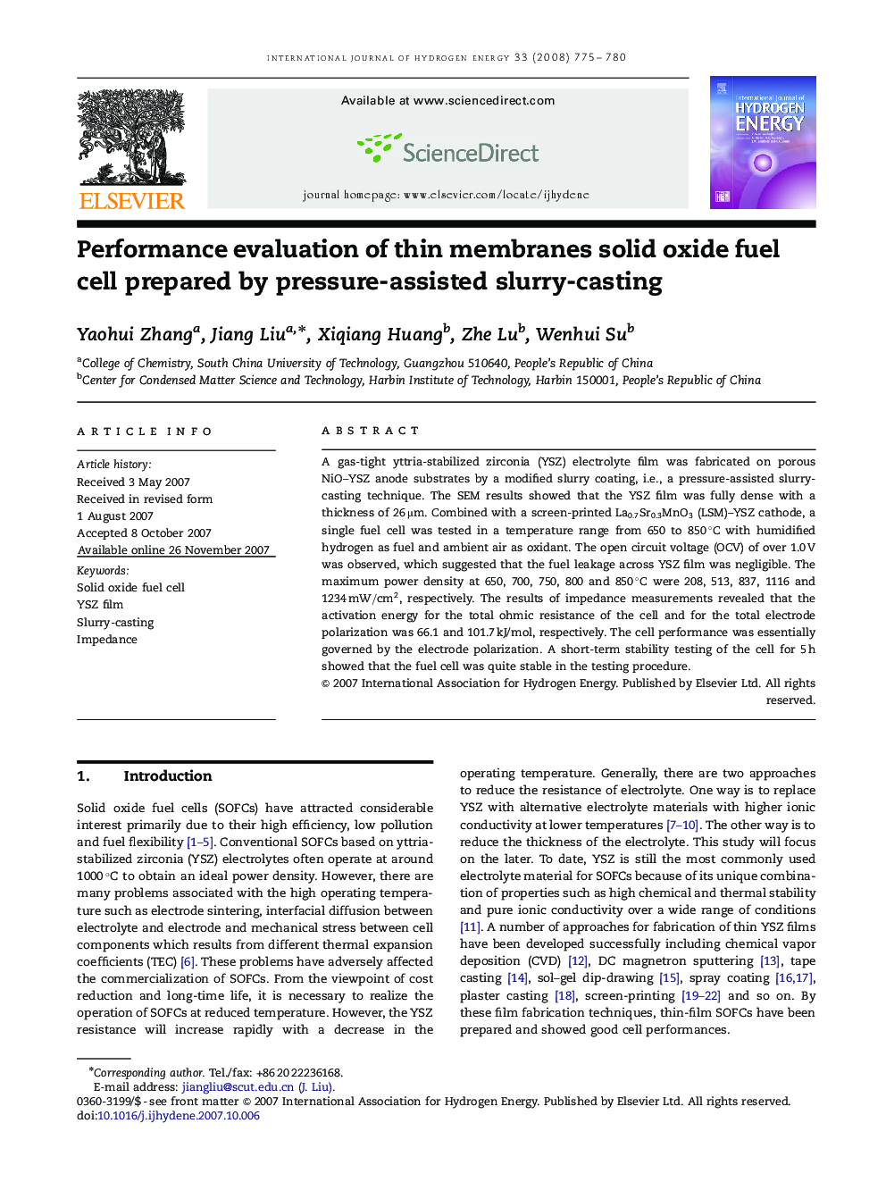 Performance evaluation of thin membranes solid oxide fuel cell prepared by pressure-assisted slurry-casting