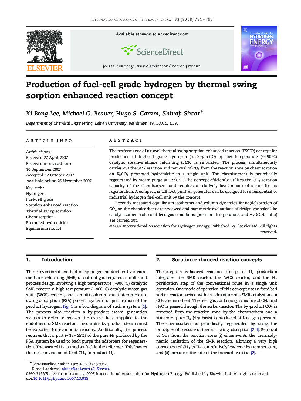 Production of fuel-cell grade hydrogen by thermal swing sorption enhanced reaction concept