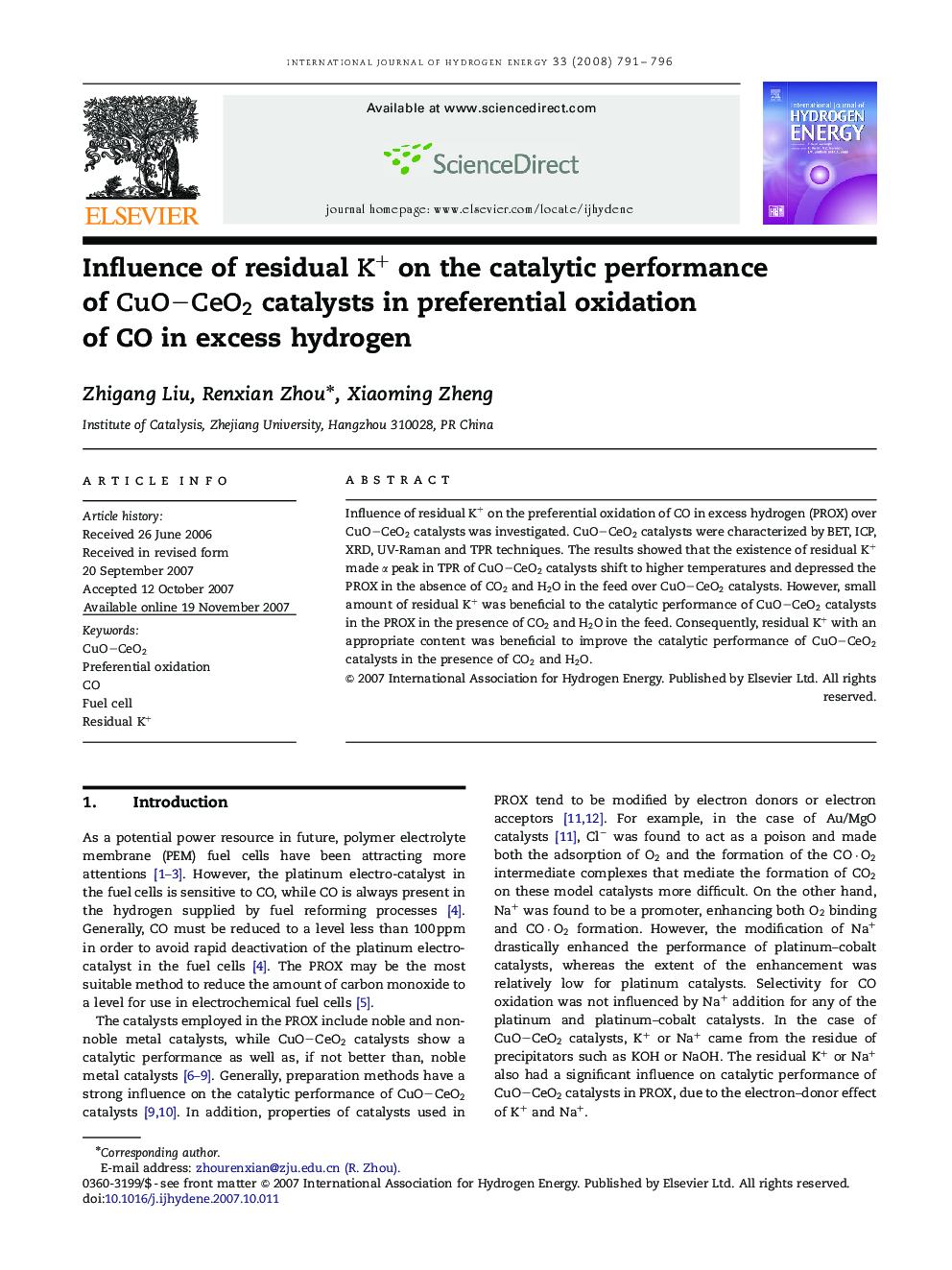 Influence of residual K+K+ on the catalytic performance of CuO–CeO2CuO–CeO2 catalysts in preferential oxidation of CO in excess hydrogen