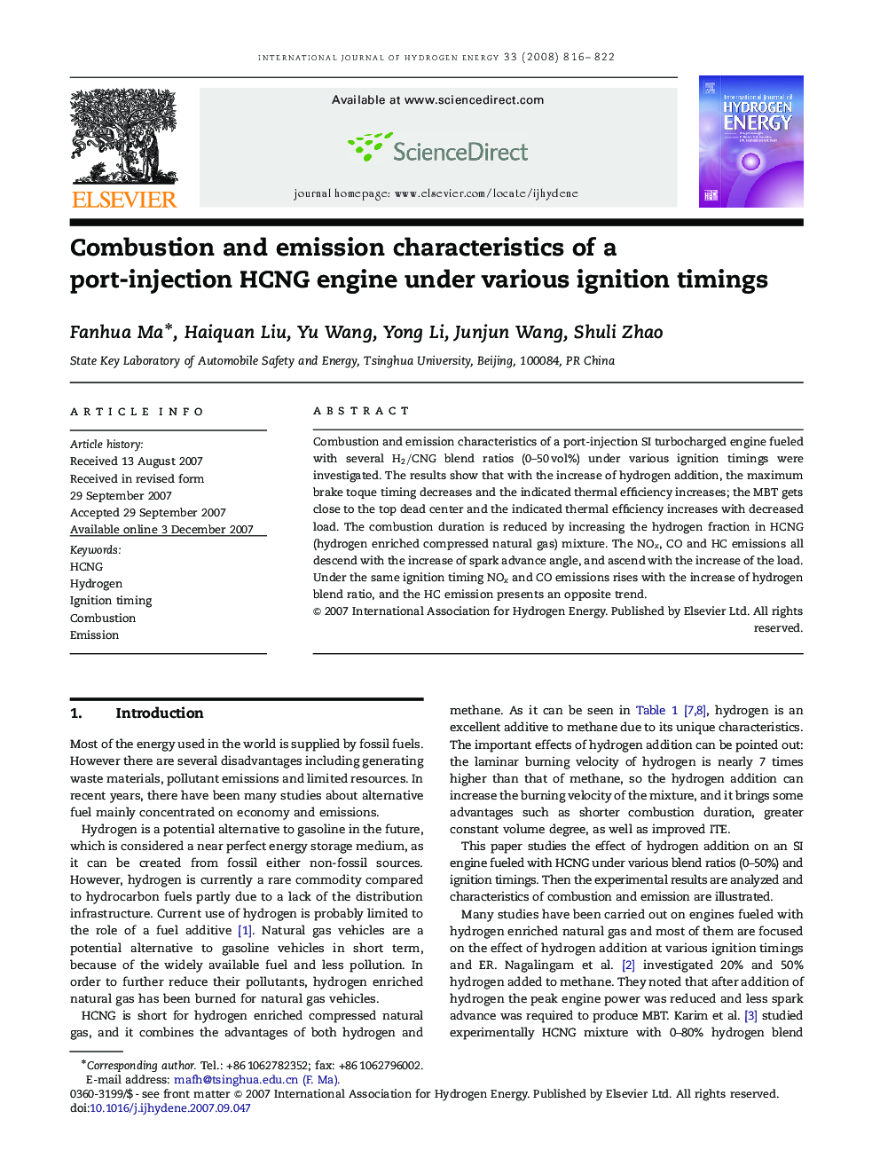 Combustion and emission characteristics of a port-injection HCNG engine under various ignition timings