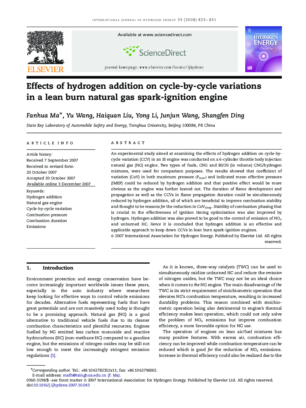 Effects of hydrogen addition on cycle-by-cycle variations in a lean burn natural gas spark-ignition engine