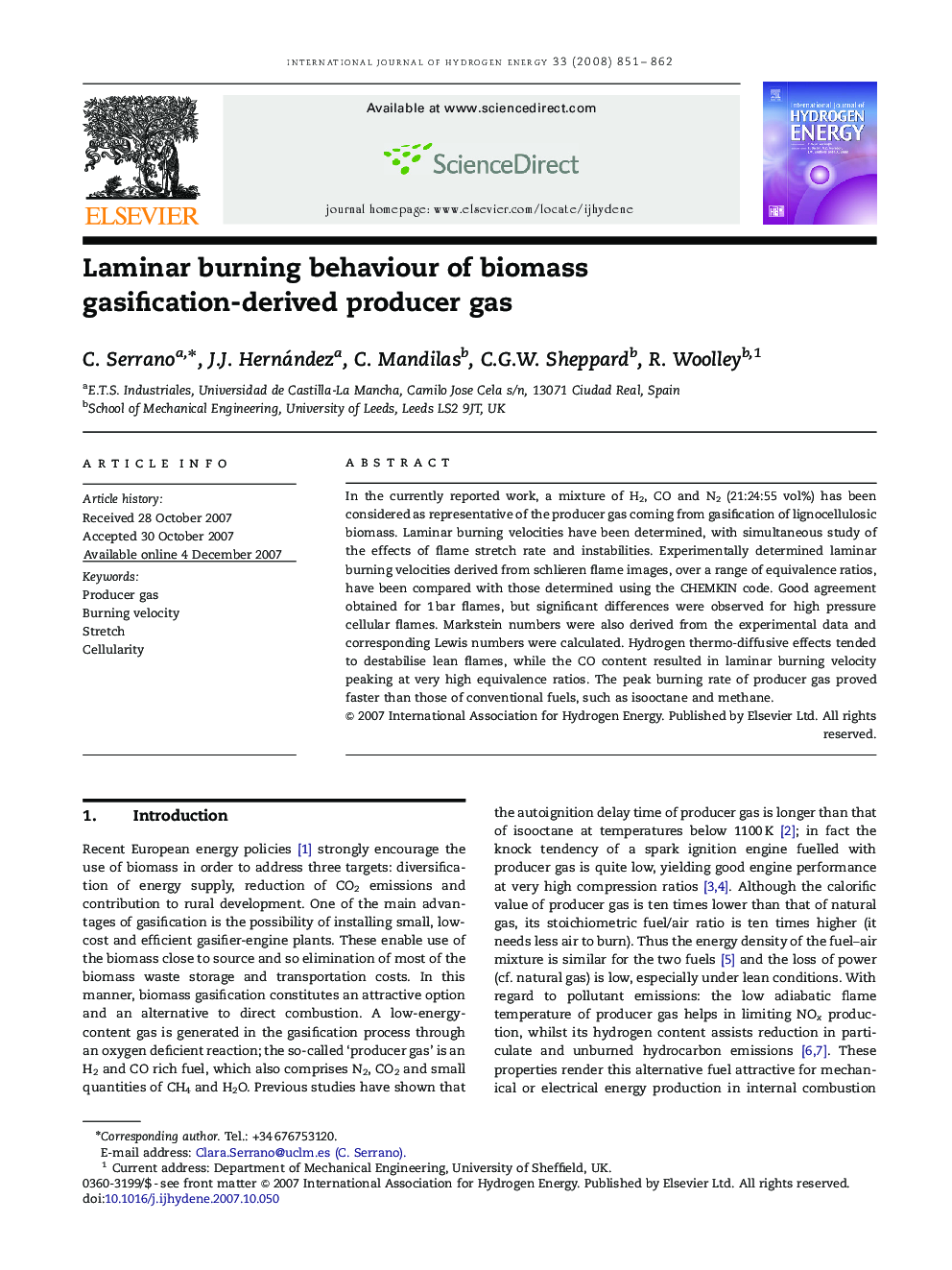 Laminar burning behaviour of biomass gasification-derived producer gas