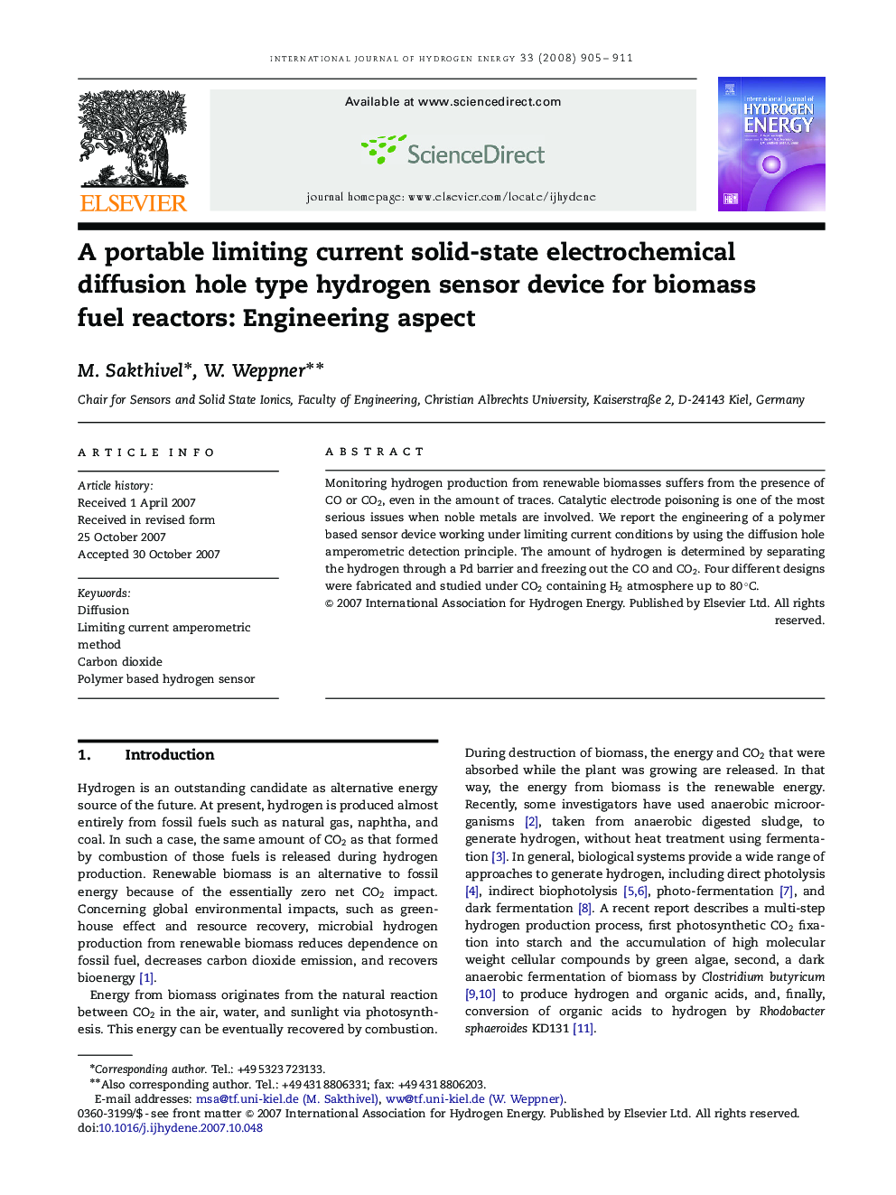 A portable limiting current solid-state electrochemical diffusion hole type hydrogen sensor device for biomass fuel reactors: Engineering aspect