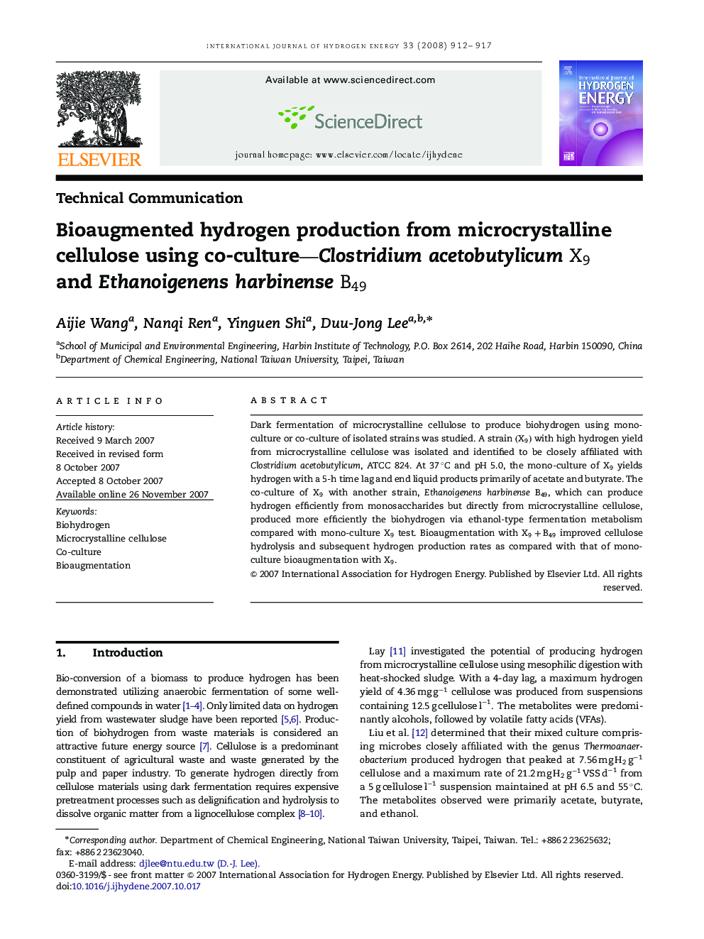 Bioaugmented hydrogen production from microcrystalline cellulose using co-culture—Clostridium acetobutylicum  X9X9 and Ethanoigenens harbinense  B49B49