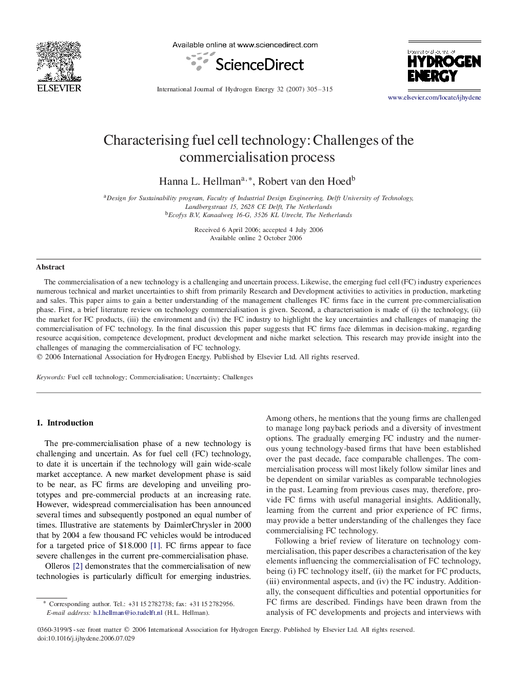 Characterising fuel cell technology: Challenges of the commercialisation process