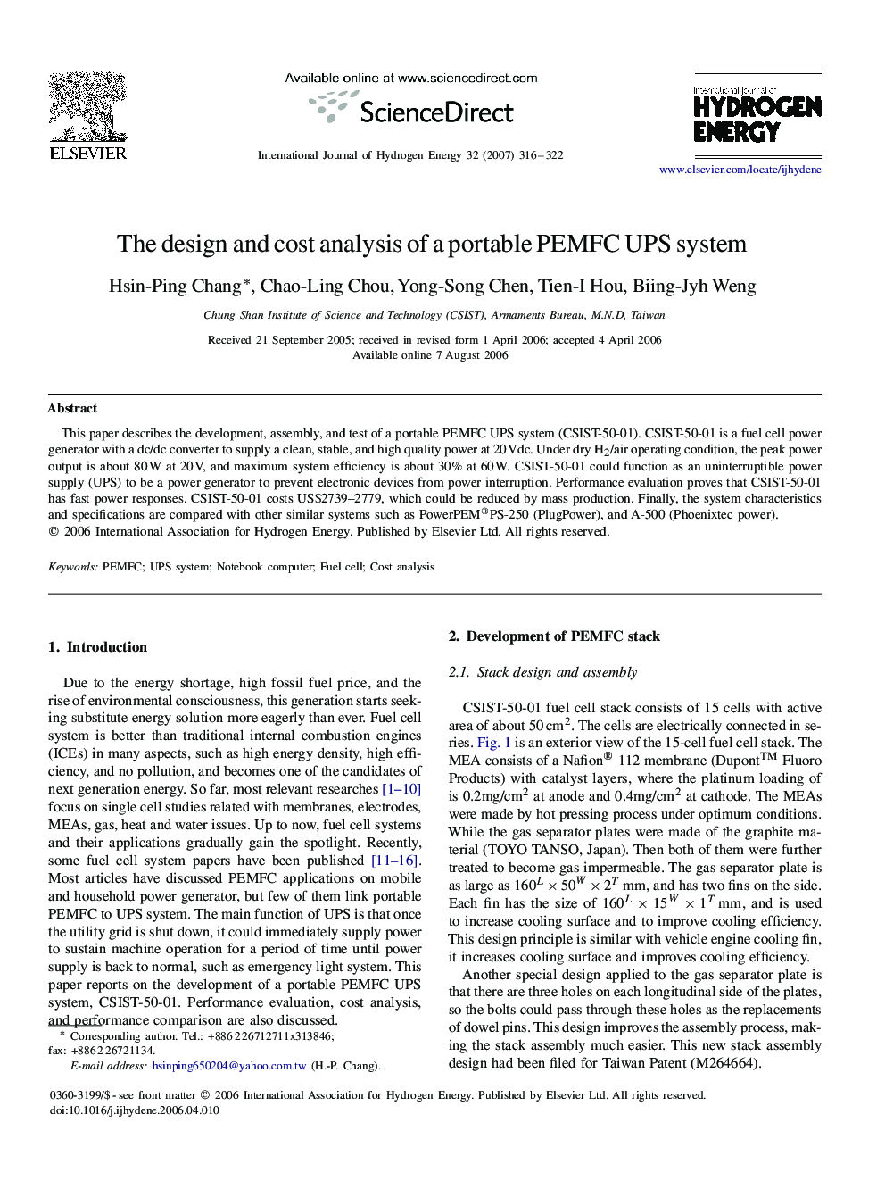 The design and cost analysis of a portable PEMFC UPS system