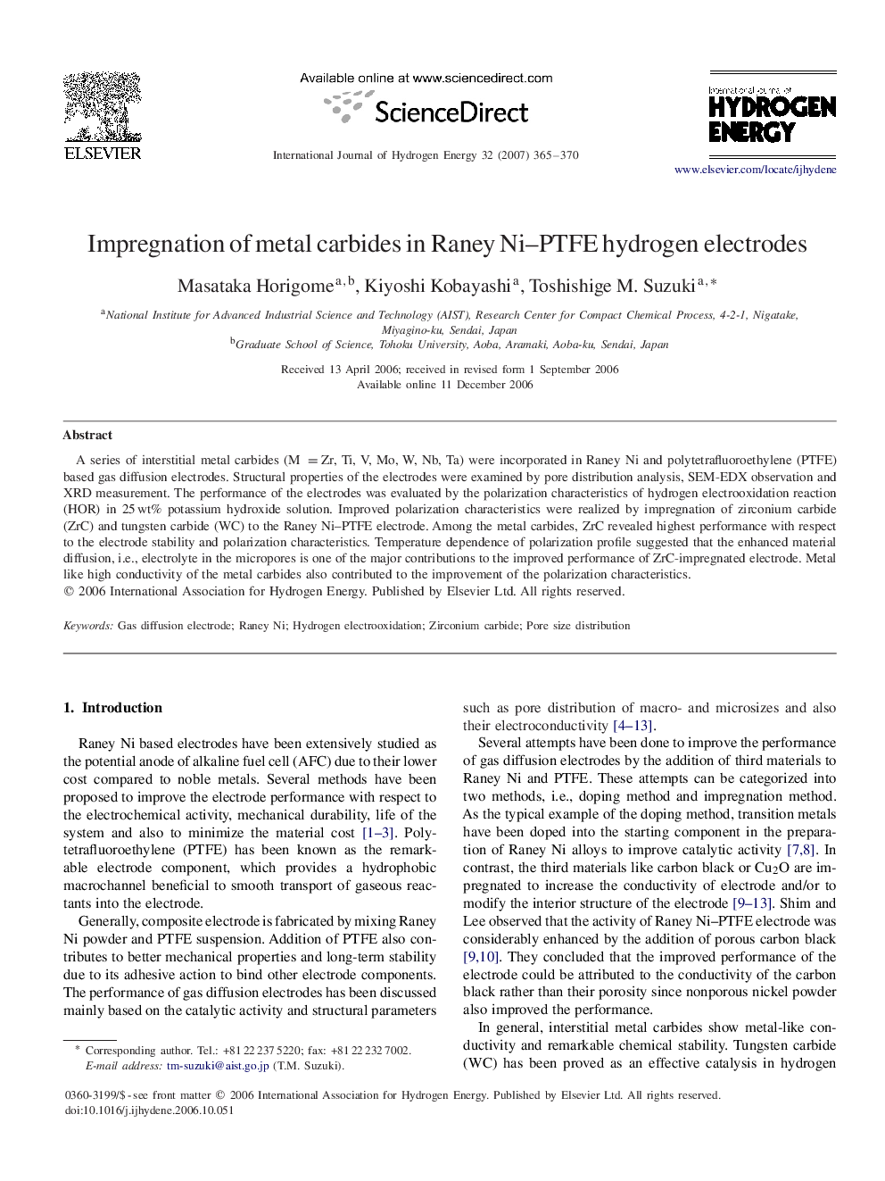 Impregnation of metal carbides in Raney Ni–PTFE hydrogen electrodes