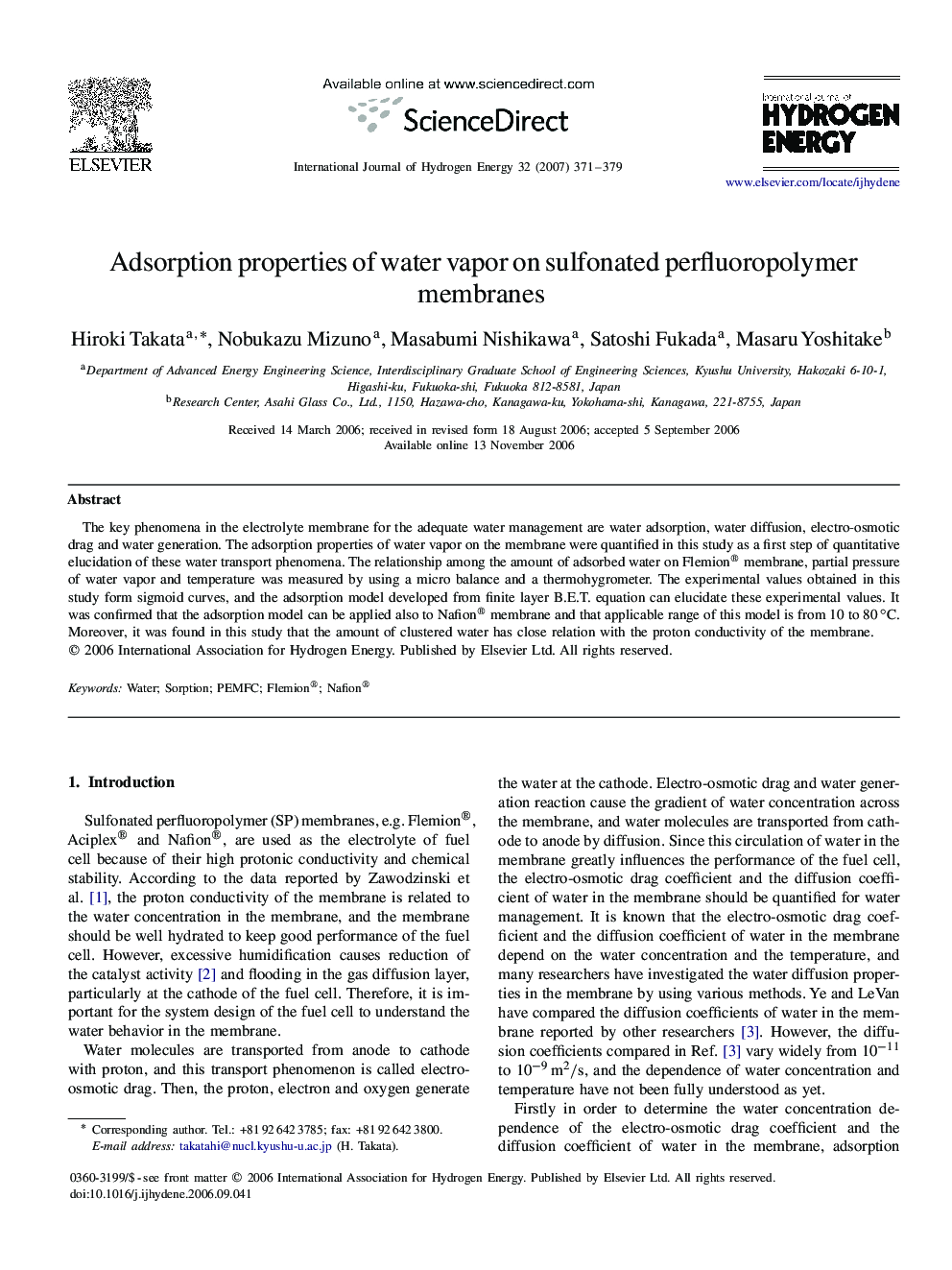 Adsorption properties of water vapor on sulfonated perfluoropolymer membranes