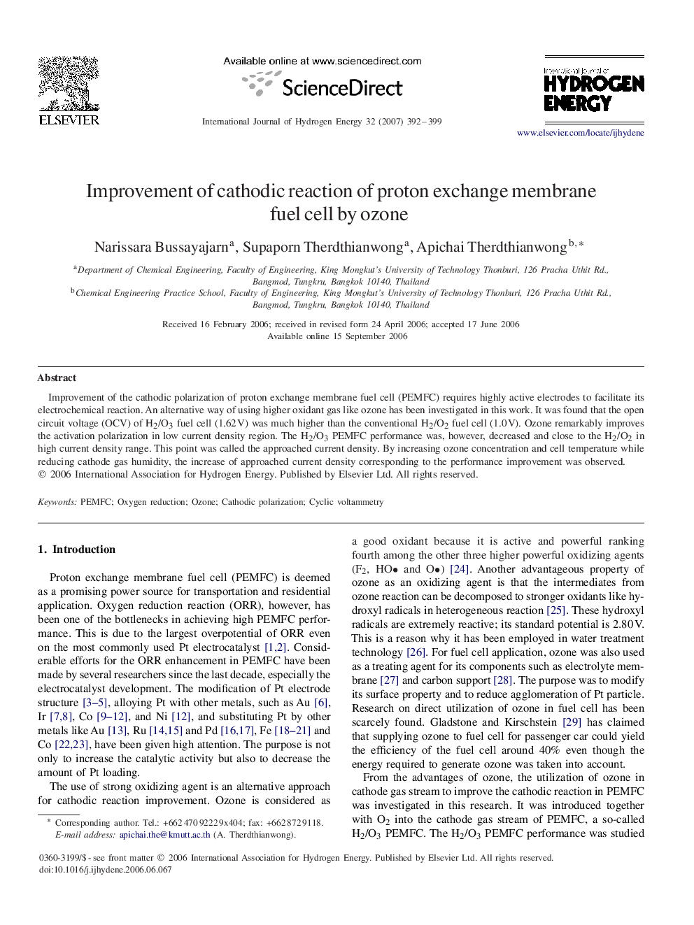 Improvement of cathodic reaction of proton exchange membrane fuel cell by ozone