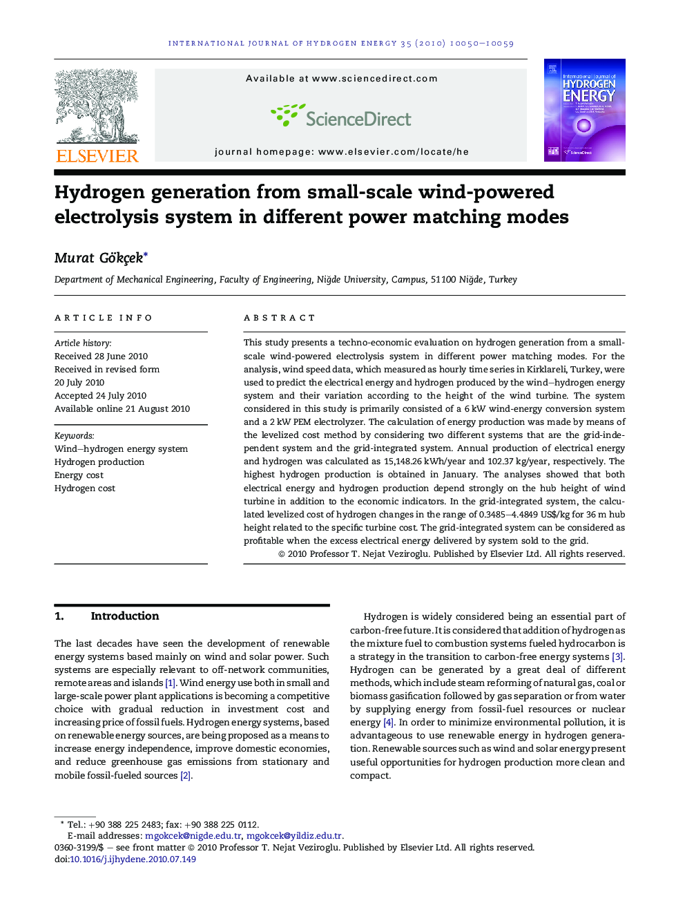 Hydrogen generation from small-scale wind-powered electrolysis system in different power matching modes