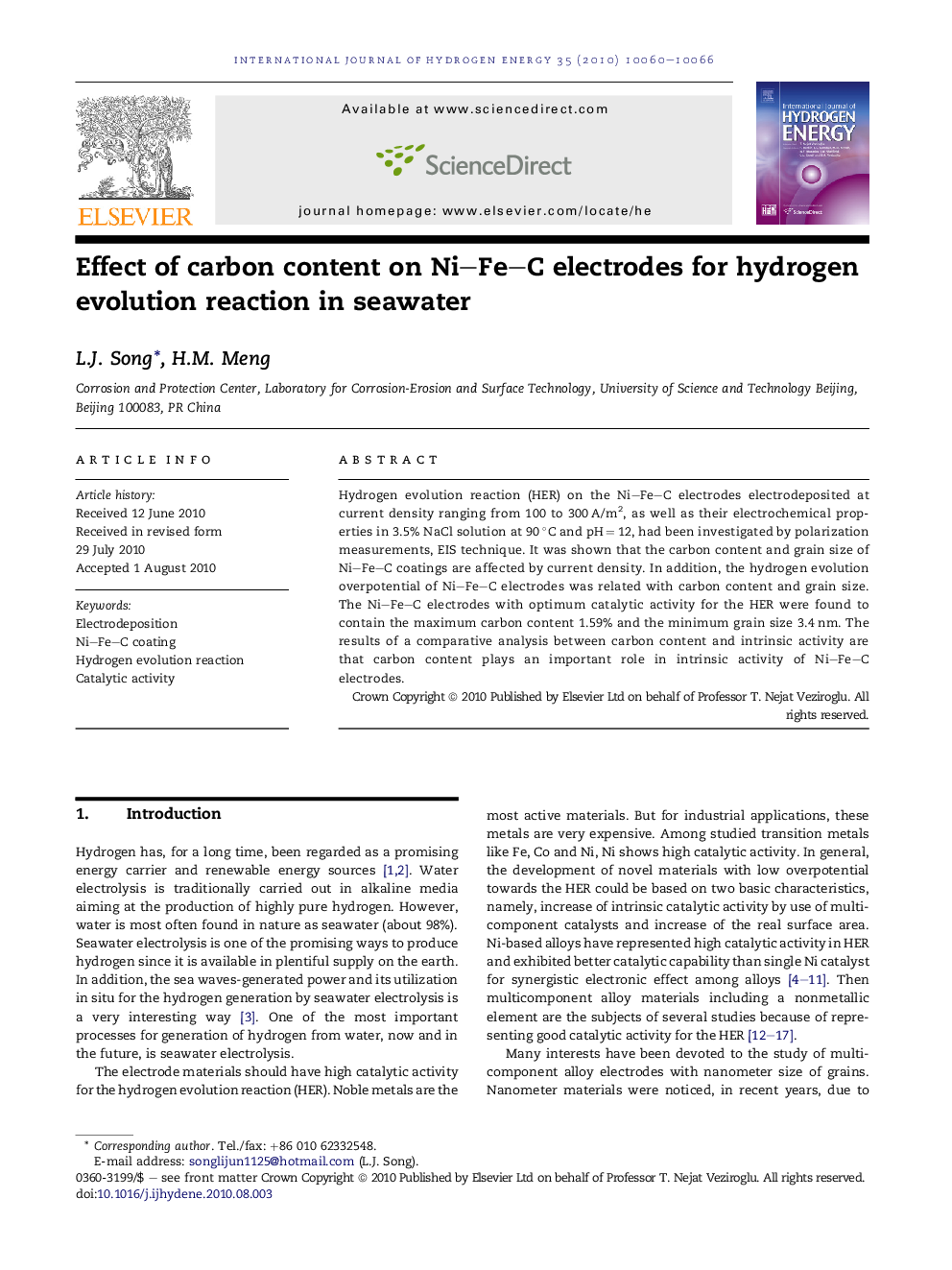 Effect of carbon content on Ni–Fe–C electrodes for hydrogen evolution reaction in seawater