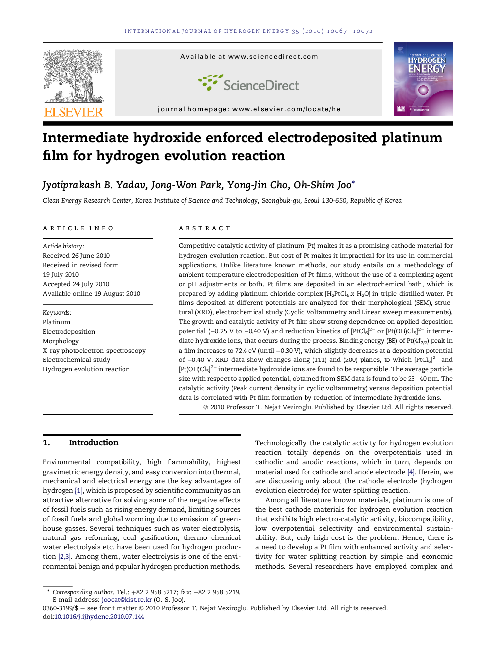 Intermediate hydroxide enforced electrodeposited platinum film for hydrogen evolution reaction