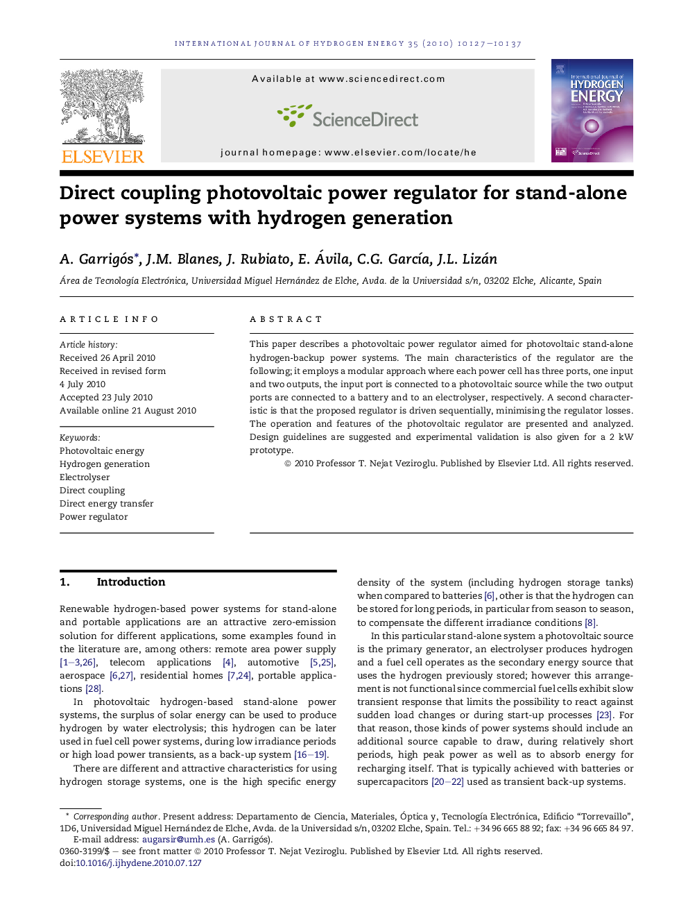 Direct coupling photovoltaic power regulator for stand-alone power systems with hydrogen generation