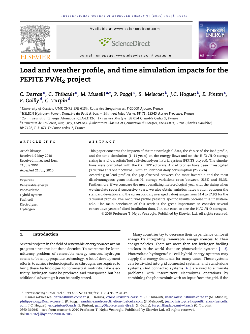 Load and weather profile, and time simulation impacts for the PEPITE PV/H2 project