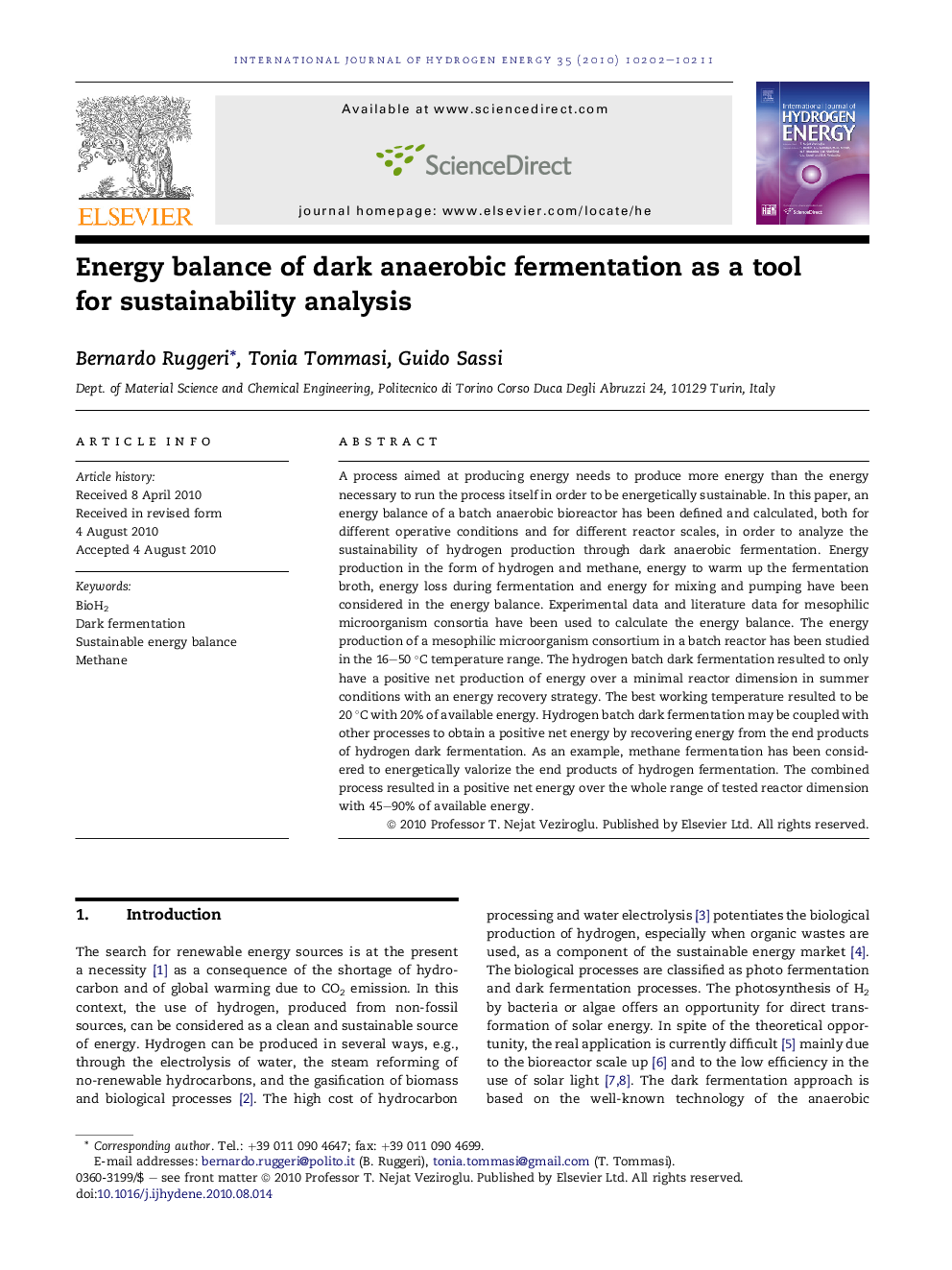 Energy balance of dark anaerobic fermentation as a tool for sustainability analysis