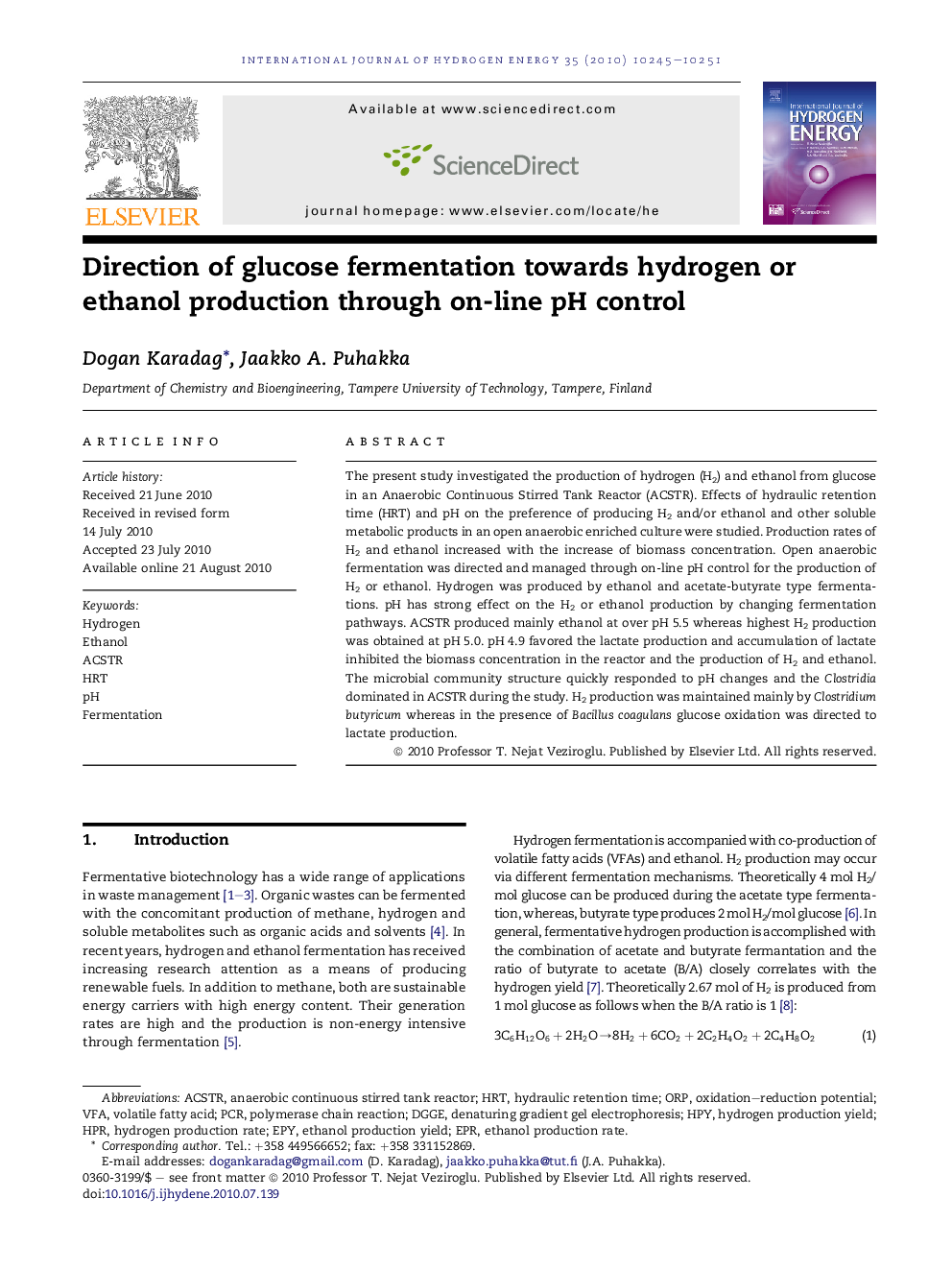 Direction of glucose fermentation towards hydrogen or ethanol production through on-line pH control