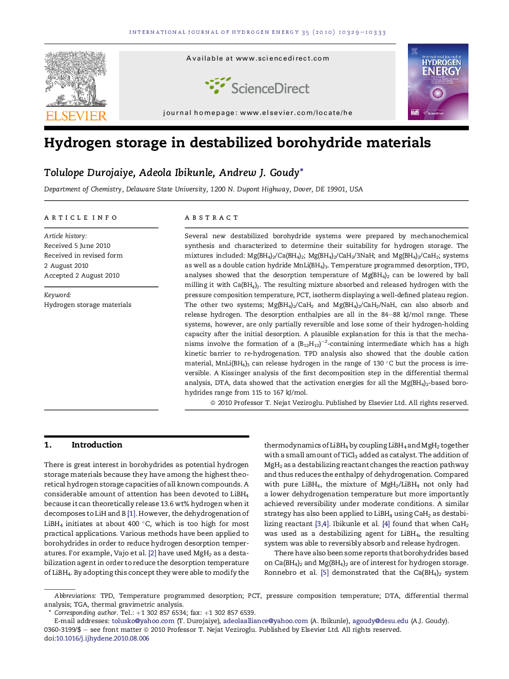 Hydrogen storage in destabilized borohydride materials