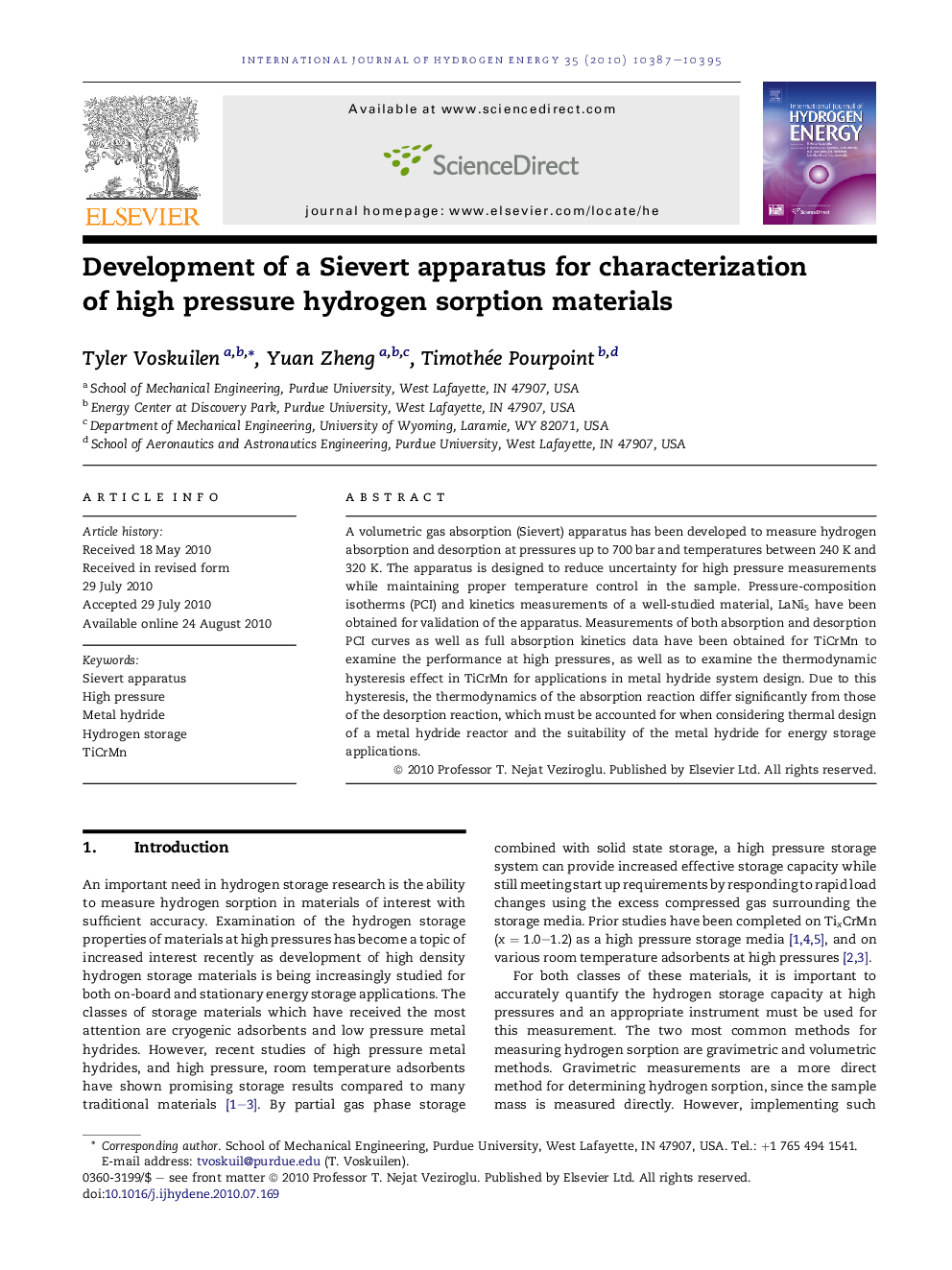 Development of a Sievert apparatus for characterization of high pressure hydrogen sorption materials